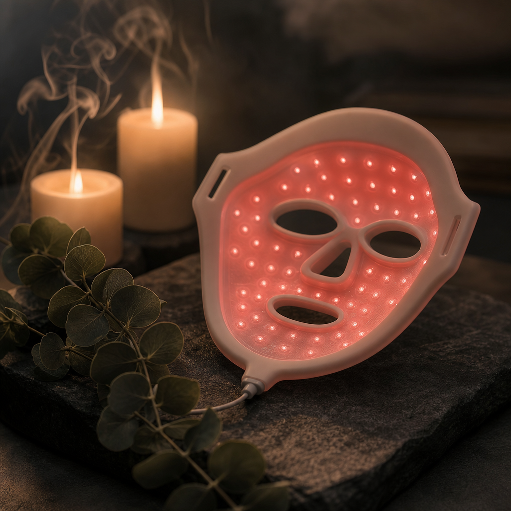 Le masque LED posé sur une pierre, ses LED rouges allumées
