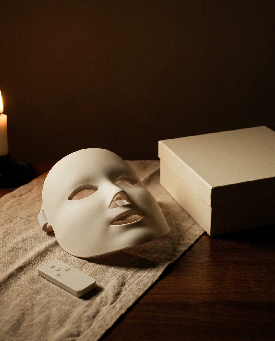 Le Masque, sa télécommande et le coffret sur un lin naturel, lumière rasante