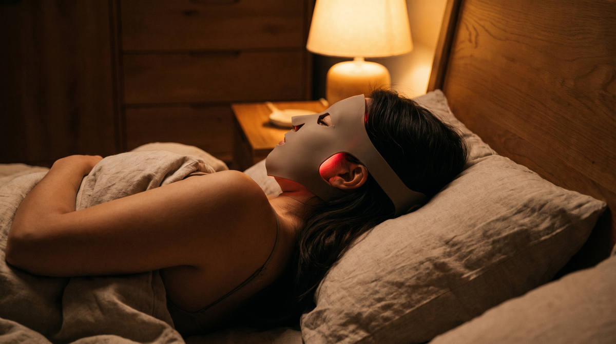 Vue de trois-quarts arrière : le Masque allumé à faible intensité, lampe de chevet allumée