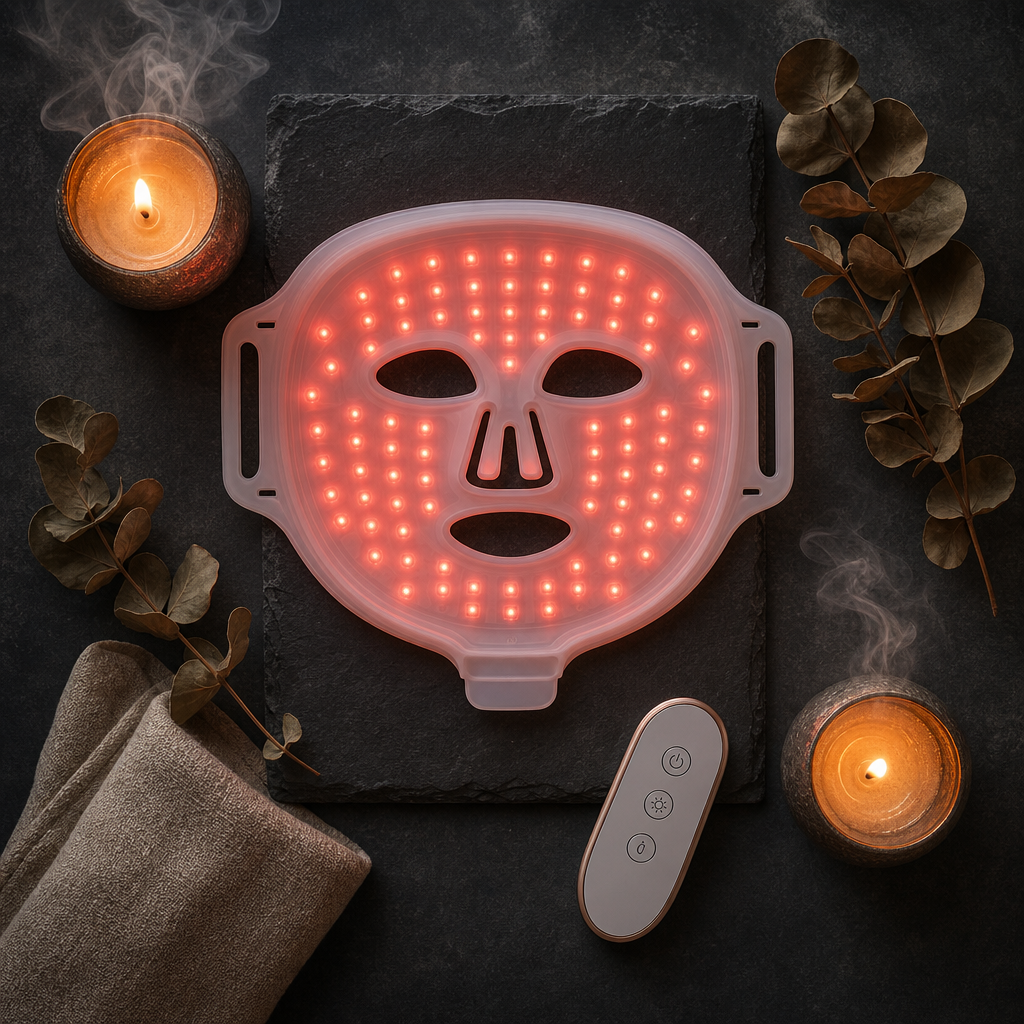 Le masque, la télécommande et le câble USB-C posés à plat sur un plateau
