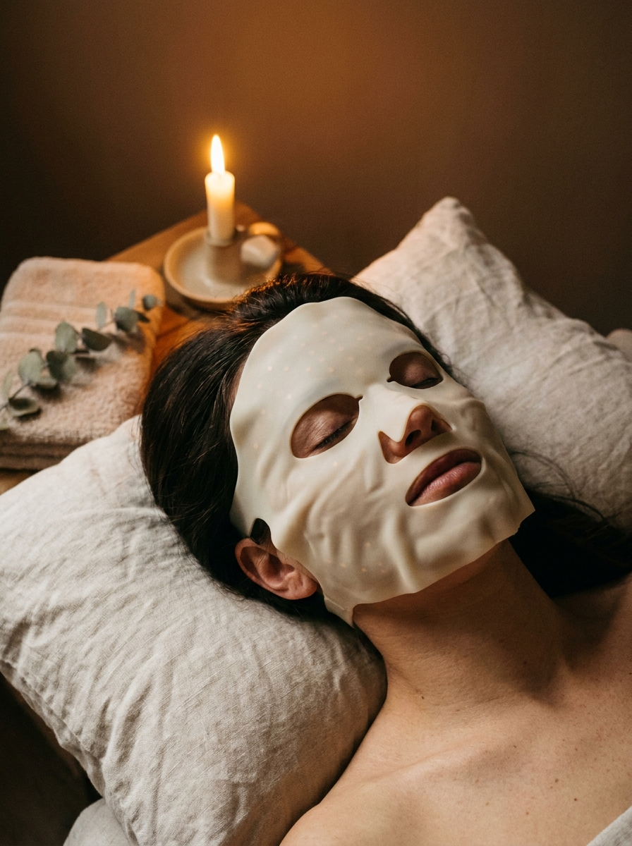 Femme allongée, yeux fermés, portant le Masque éteint, une bougie en contre-jour