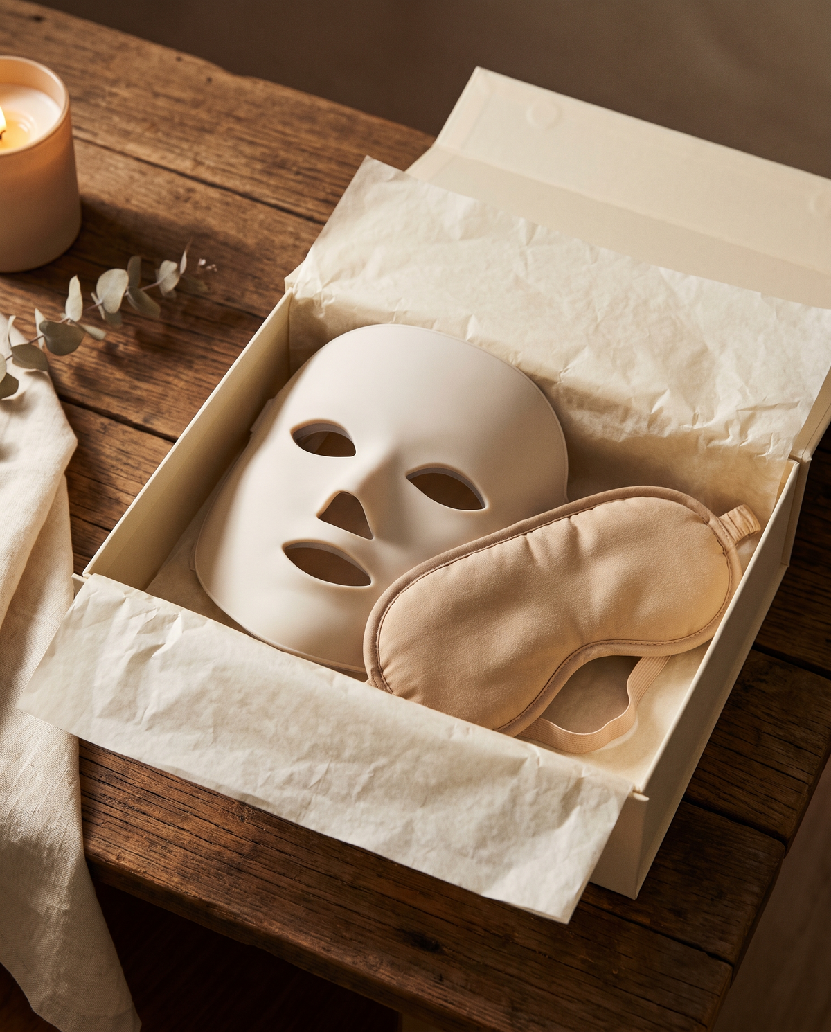 Le coffret ouvert : le Masque et le masque pour les yeux dans leur papier de soie, bougie et eucalyptus