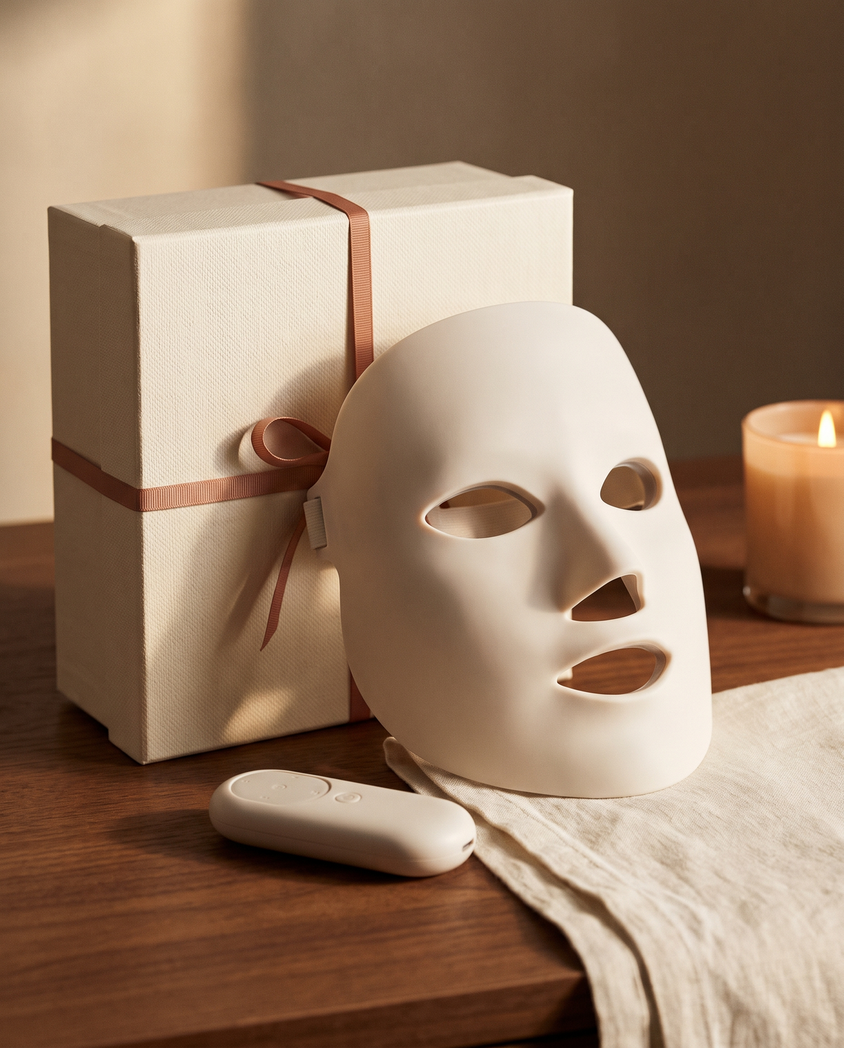 Le Masque appuyé contre son coffret crème, lumière chaude de bougie